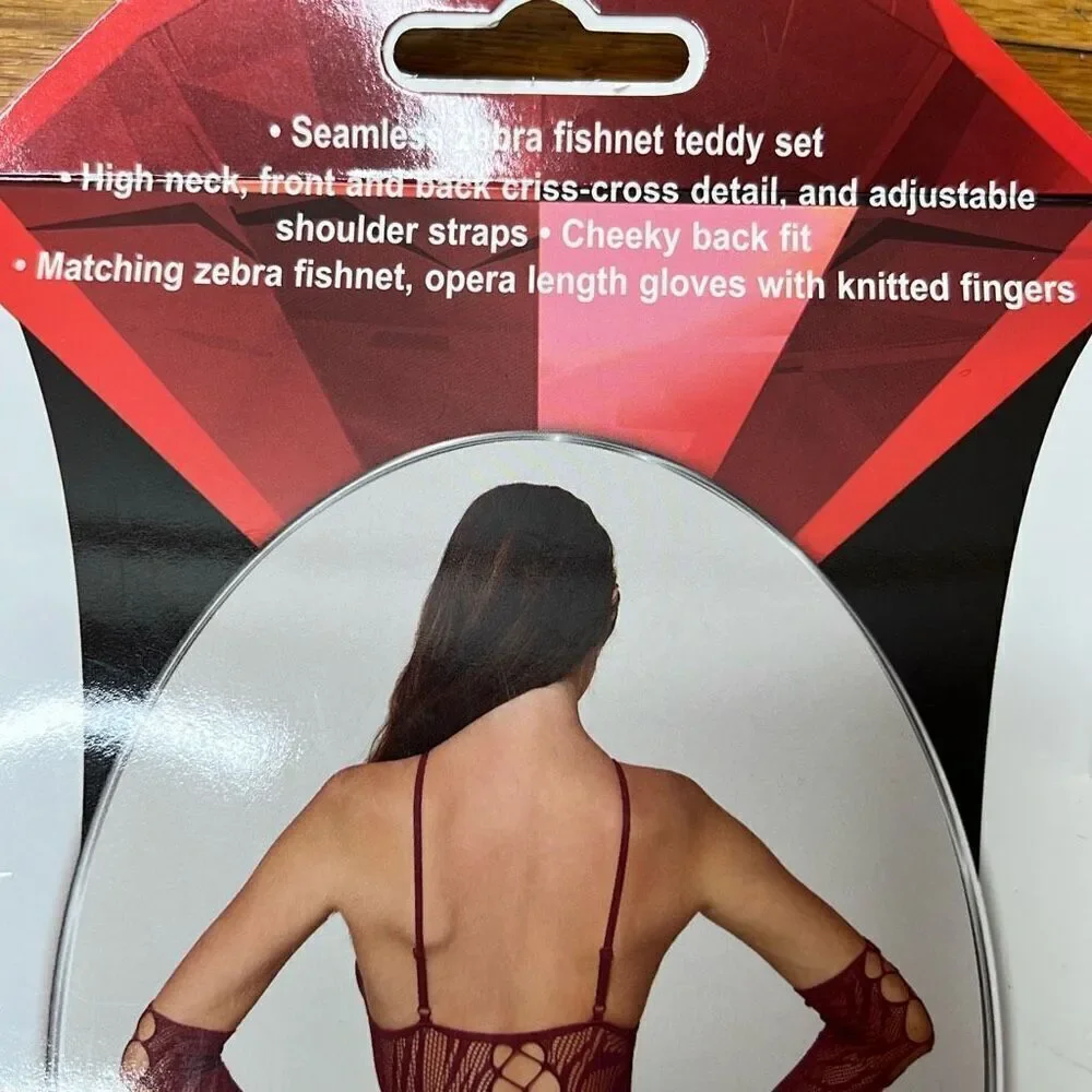 Dreamgirl Seamless Zebra Fishnet Teddy And Glove Set Burgundy One Size New